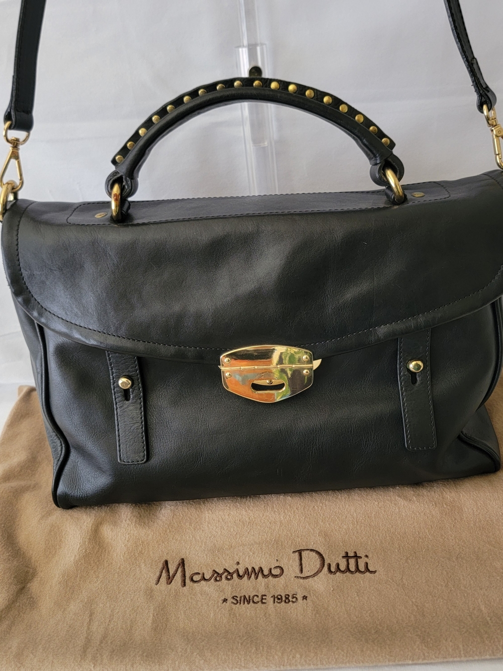 Massimo Dutti Black Leather Satchel with Gold Hardware